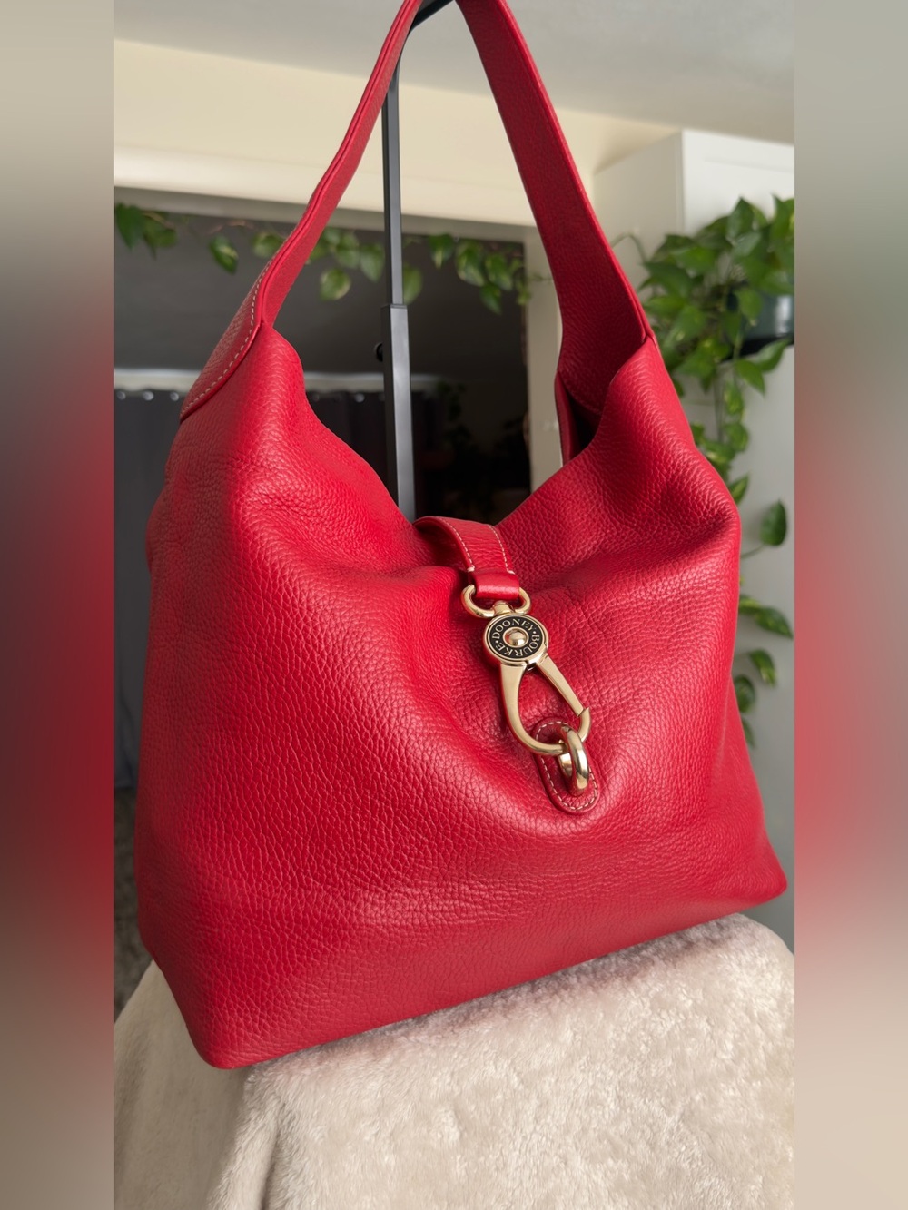 Red Leather Hobo Tote with Gold Hardware